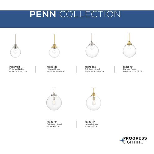 Penn 1 Light Polished Nickel Pendant Ceiling Light, Medium